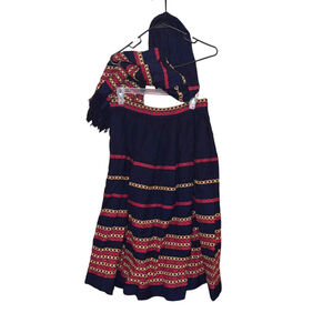 Vintage Handmade Midi Skirt Wool Small Navy Blue Stripe Pleated Matching Scarf